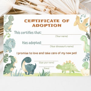 Dinosaur adoption certificate, Adopt an animal, Pet adoption party certificate, Dino birthday game, Boy party printables, Baby Dinosaurs 08B