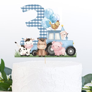 Blue Farm 3rd birthday cake topper, Farm Centerpiece, Farm animals party table decor, Blue barnyard Third birthday decorations - 11J