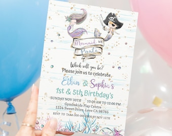 Mermaid and Pirate birthday invitation, EDITABLE Twins Invitation, Boy and girl birthday party invitation, Mermaid and Pirate party - 20A1