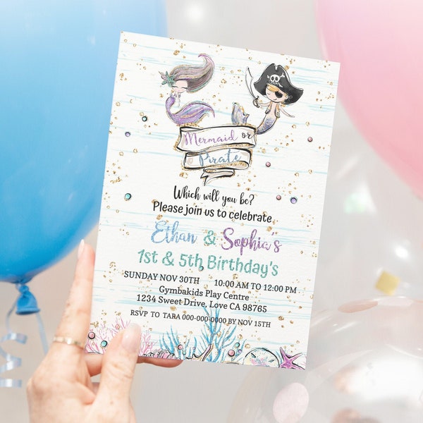 Mermaid and Pirate birthday invitation, EDITABLE Twins Invitation, Boy and girl birthday party invitation, Mermaid and Pirate party - 20A1