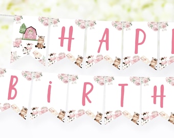 Farm girl birthday banner, Farm Happy Birthday Banner, Pink farm birthday decor, Girl Barnyard theme party printable, Birthday garland - 11A