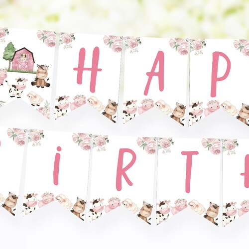 Girl Farm Birthday Banner Farm Happy Birthday Banner Pink - Etsy