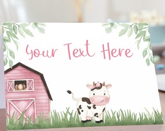 Cow Place Cards, Girl farm birthday decorations, Cow baby shower decor, Food Labels, Dessert table tent cards - 11A