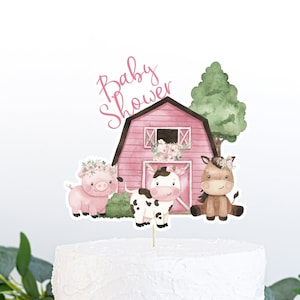 Girl Farm cake topper baby shower, Girl Farm Centerpiece, Floral Farm party table decor, Pink barnyard baby shower decorations - 11A