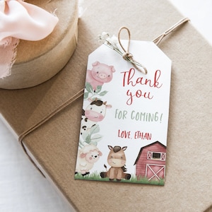 Edytowalne podziękowania za farmę, tagi upominkowe dla dzieci z motywem zwierząt gospodarskich, etykiety na przyjęcia urodzinowe w stylu stodoły, wydruki na przyjęcia na farmie - 11i