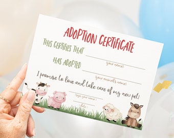 Adopt ein Tier, Adopt ein Tier, Haustier Adoption Party Zertifikat, Farm Spiel, Jungen Party Ausdrucke, Instant Download- 11i