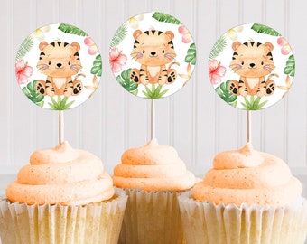 Girl tiger cupcake toppers, Jungle birthday decorations, Girl safari baby shower decor, Tiger party decorations, Girl party printables - 35E