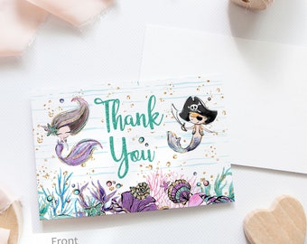 Mermaid and Pirate thank you cards, Flat 4x6 card, Twins birthday decorations, Gender Reveal thank you note, Digital download - 20A1 20A3