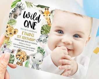 Wild One safari photo invitation, EDITABLE Safari Animals birthday, Jungle party printable invitation, Safari 1st Birthday invitation - 35A