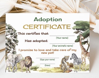 Safari adoption certificate, Adopt an animal, Pet adoption party certificate, Jungle birthday game, Safari party printable - 35I