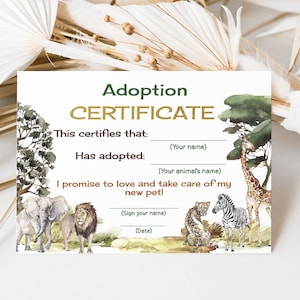 Safari adoption certificate, Adopt an animal, Pet adoption party certificate, Jungle birthday game, Safari party printable - 35I