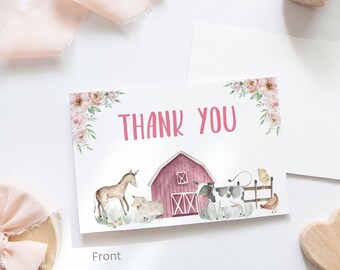 Farm thank you cards girl, Flat 4x6 card, Floral farm animals baby shower, Pink Barnyard Party printables, Birthday thank you note - 11B