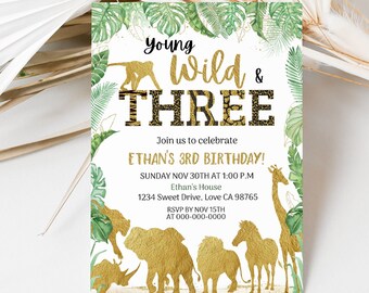 Young Wild and Three Invitation, Safari 3rd birthday invitation, Editable Jungle party invite, Animal print, Third birthday theme - 35K