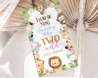 Two Wild favor Tags, Jungle Birthday Decorations, Girl Safari Thank you Tags, Jungle Party Labels, Safari Gifts Tags, Party animals tags 35E