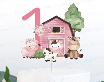 Girl Farm 1st birthday cake topper, Girl Farm Centerpiece, Floral Farm party table decor, Pink barnyard first birthday decorations - 11A