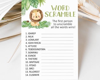 Gry na baby shower Lion, gra Safari baby word scramble, aktywności Safri Baby Shower, gra Word Scramble na baby shower, Lion Baby Shower - 35E