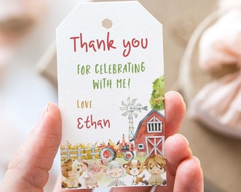 Editable Farm Thank you Tags, Farm Animals Birthday favor tags boy, Barnyard theme birthday Party Labels, Farm party printables  - 11D