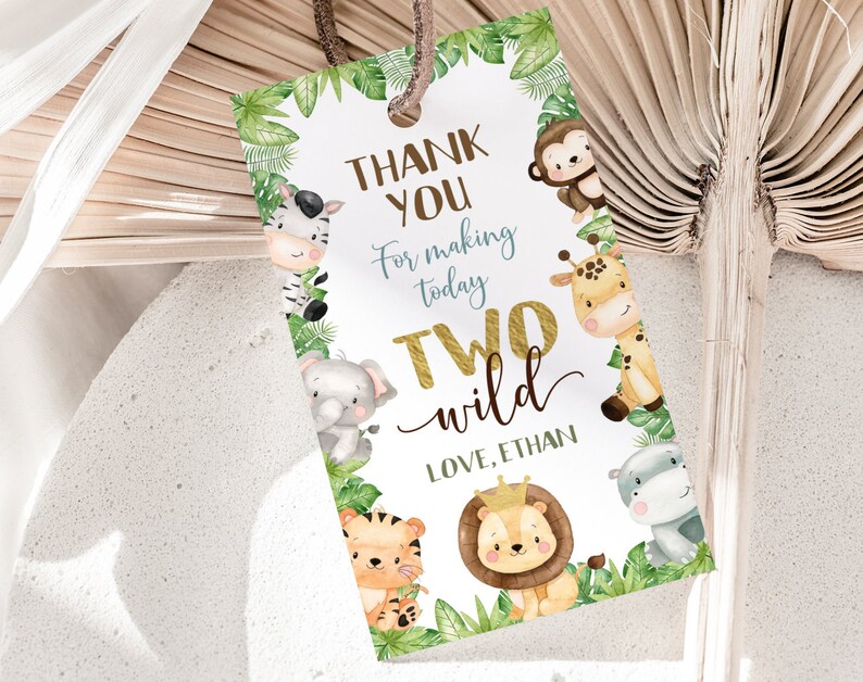 Two Wild favor Tags Jungle Birthday Decorations Safari Thank you Tags Jungle Party Labels Safari Gifts Tags Party animals