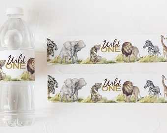 Safari Wasserflaschenetiketten, Safari 1. Geburtstag Dekorationen, Wilder Geburtstag Junge Dekorationen, Dschungel-Party Ausdrucke, Safari Tiere 35I
