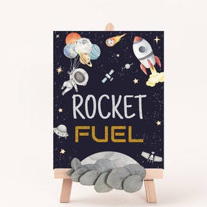 Signo de combustible de cohetes, signo de fiesta espacial, cumpleaños del espacio exterior, signo de mesa de planetas, fiesta de astronautas, signo de cumpleaños de bebidas, descarga instantánea - 39C