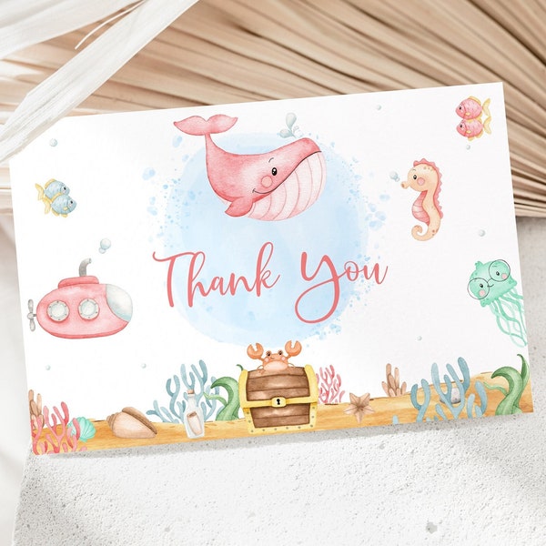 Girl Under the Sea thank you cards, Digital download flat 4x6 card, Sea party printables, Ocean Birthday thank you note - 44A