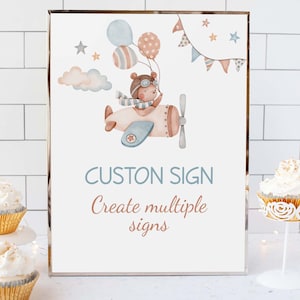 Aviator Custom Sign, Editable Bear Table Sign, Airplane party decorations, Airplane baby shower, Aviator   table sign, Bear theme party  76C