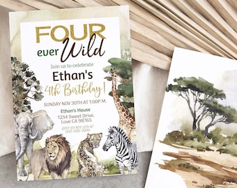 Four ever wild invitation, Safari animals 4th birthday invitation, Jungle birthday party theme, EDITABLE Safari fourth birthday invite - 35I