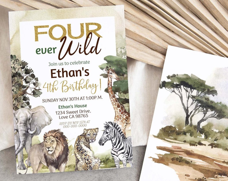 Four ever wild invitation Safari animals 4th birthday invitation Jungle birthday party theme EDITABLE Safari fourth birthday