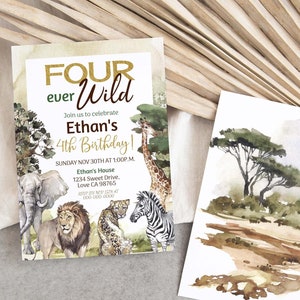 Vier wilde Einladungen, Safari-Einladung zum 4. Geburtstag, Dschungel-Geburtstags-Party-Thema, EDITIERBARE Safari-Einladung zum vierten Geburtstag - 35I