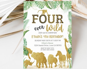 Four ever wild Safari 4th birthday invitation, Editable Jungle party invite, Animal print, Boy Fourth birthday theme, Safari gold invite 35K