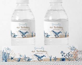 Whale water label, EDITABLE Ocean water bottle labels, Sea Birthday decorations, Under the Sea theme party, Sea Water bottle wrap - 44C
