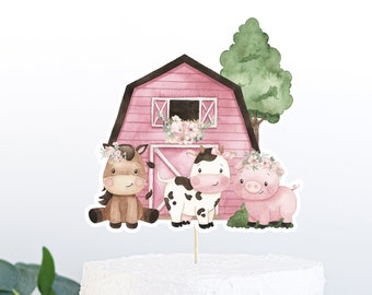 Girl Farm birthday cake topper, Farm Centerpiece, Farm animals party table decor, Pink barnyard birthday decorations, Girl farm party - 11A