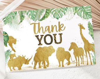 Safari Animals thank you cards, Gold safari, Digital download flat 4x6 card, Jungle party printables, Safari Birthday thank you note - 35K