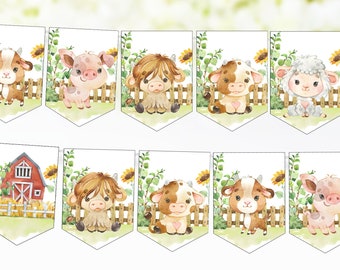 Estandarte de animales de granja, baby shower de granja o decoraciones de cumpleaños, guirnalda de granja, pancarta imprimible, estandarte de cumpleaños de corral - 11D
