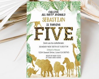 Safari 5th birthday invitation, Calling all party animals invite, Editable Jungle party invite, Animal print, Boy fifth birthday theme - 35K