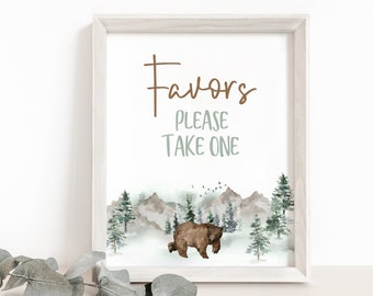 Woodland Favors Sign, Forest Animals Birthday signs, Bear birthday decorations, Woodland animals Baby shower printables boy - 47H