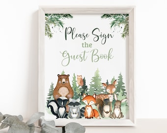 Woodland Guest Book Sign, Forest Animals Birthday signs, Deer birthday decorations, Woodland animals Baby shower printables boy - 47J2