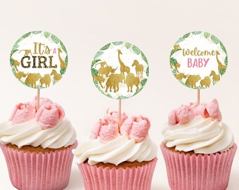 It's a Girl safari cupcake toppers, Welcome baby girl, Jungle baby shower decorations, Gold Safari animals Baby Shower cupcake picks - 35K