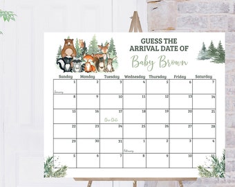 Woodland Due Date Calendar, Instant Download, Woodland Baby Shower Games, Guess baby due date, Forest animals Baby Shower printables - 47J2