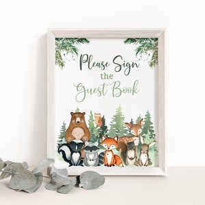 Woodland Guest Book Sign, Forest Animals Birthday signs, Deer birthday decorations, Woodland animals Baby shower printables boy - 47J2