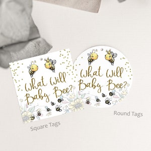 What will baby bee tags, Bee Gender Reveal Decorations, Bumble bee baby reveal gift tags, Square and round 2&quot;x2&quot; Tags, DIGITAL DOWNLOAD -61A