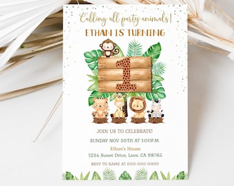 Safari Birthday invitation, Wild One birthday invitation, Jungle animals first birthday party invite, Boy 1st birthday theme - 35E