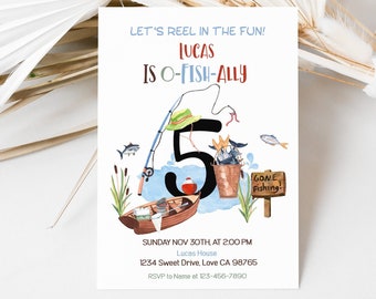 May include: A blue and white birthday invitation with a fishing theme. The invitation says "Let's reel in the fun! Lucas is O-Fish-Ally 5". There is a cartoon illustration of a fishing rod, a bucket of fish, and a boat.