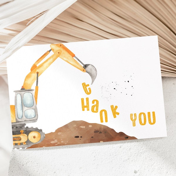 Construction thank you cards, Digital download flat 4x6 card, Under Construction party printables, Excavator Birthday thank you note - 07A