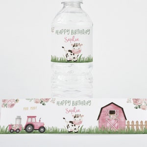 EDITABLE Cow water bottle labels, Girl farm party printable, Floral farm birthday decorations, Pink barnyard bash water bottle labels - 11A