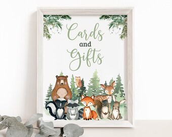 Woodland table signs, Cards and Gifts Sign, Woodland birthday decorations, Greenery theme, Forest Animals Baby shower printables boy - 47J2
