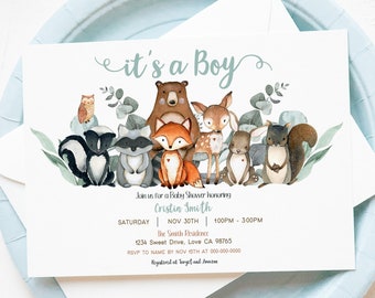 It's a Boy baby shower invitation, Greenery Woodland baby shower invite, Forest animals, Eucalyptus baby shower, Rustic Baby Shower - 47J1