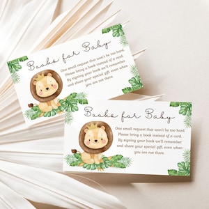 Livres pour safari de bébé, encart d'invitation à une baby shower Lion, carte de demande de livre Safari, imprimable Apportez un livre au lieu d'une carte - 35E
