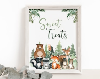 Sweet Treats sign, woodland table signs, Woodland birthday party, Forest animals baby shower decoration, Woodland theme party decor - 47J2