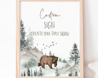 Bear Custom Sign, Editable Woodland Table Sign, Instant download, Forest birthday Party Decor, Woodland baby shower decor - 47H